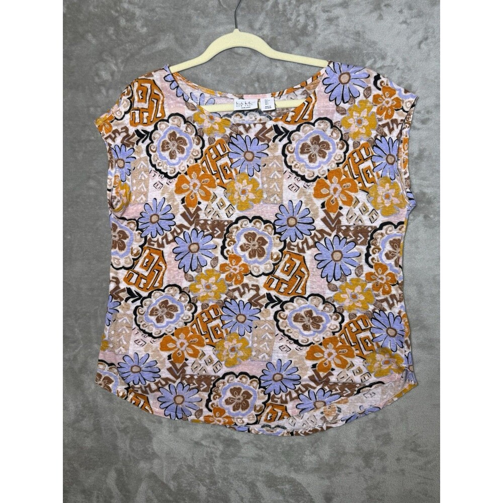 NICOLE MILLER 100% Linen Shirt Women’s L Orange Lavender Brown Boho Floral Retro - Picture 3 of 9